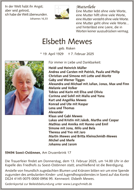 Todesanzeige von Elsbeth Mewes von WA