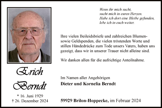 Todesanzeige von Erich Berndt von WA