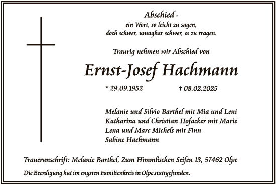 Todesanzeige von Ernst-Josef Hachmann von WA