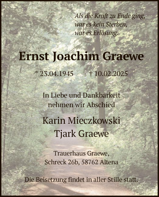 Todesanzeige von Ernst Joachim Graewe von WA