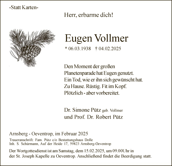Todesanzeige von Eugen Vollmer von WA