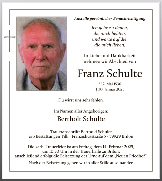 Todesanzeige von Franz Schulte von WA