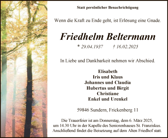 Todesanzeige von Friedhelm Beltermann von WA