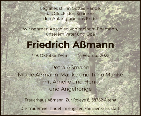 Todesanzeige von Friedrich Aßmann von WA