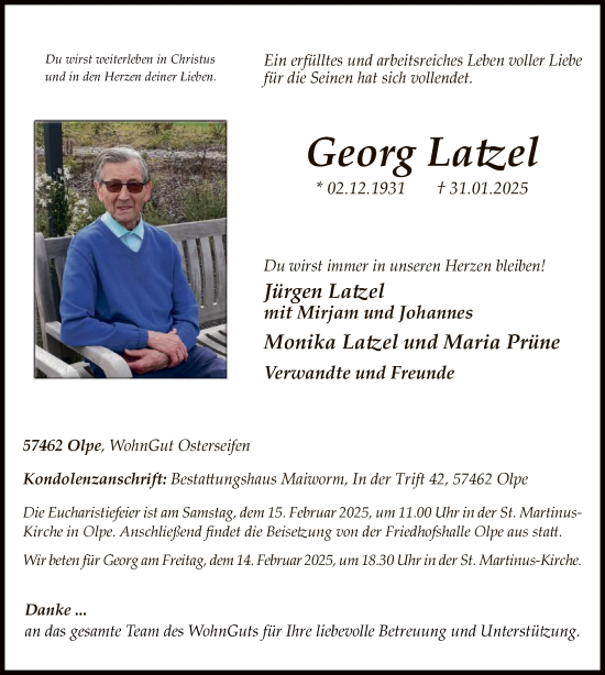 Todesanzeige von Georg Latzel von WA