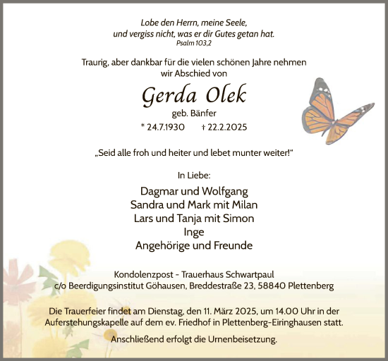 Todesanzeige von Gerda Olek von WA