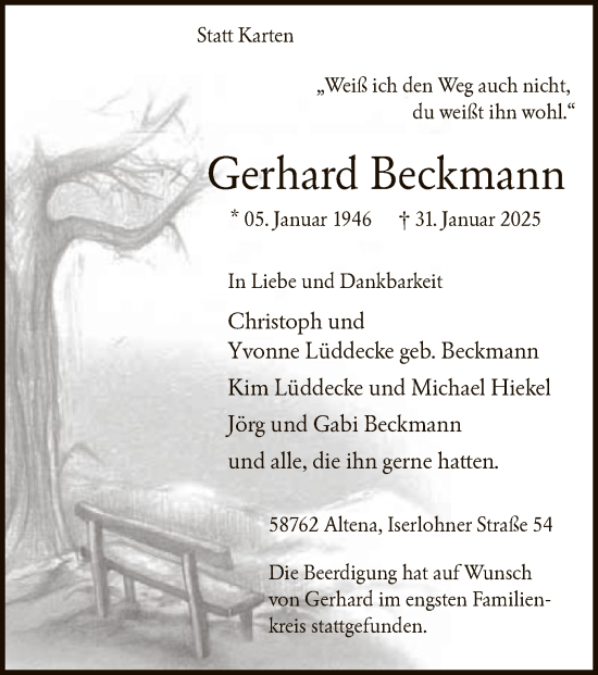 Todesanzeige von Gerhard Beckmann von WA