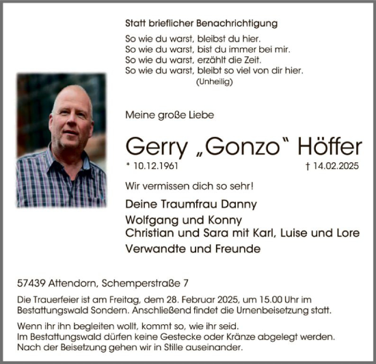 Todesanzeige von Gerry Gonzo Höffer von WA