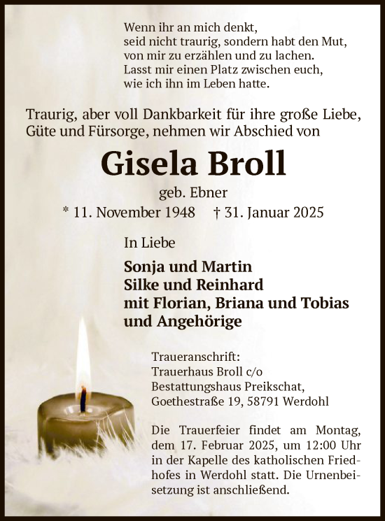 Todesanzeige von Gisela Broll von WA