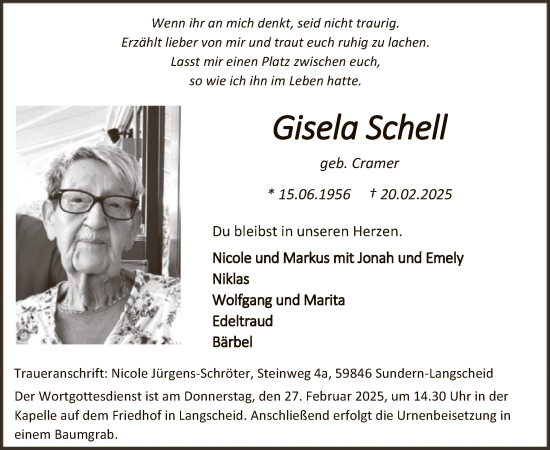 Todesanzeige von Gisela Schell von WA