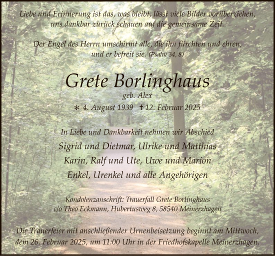 Todesanzeige von Grete Borlinghaus von WA
