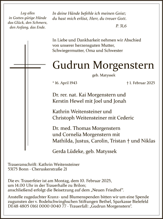 Todesanzeige von Gudrun Morgenstern von WA