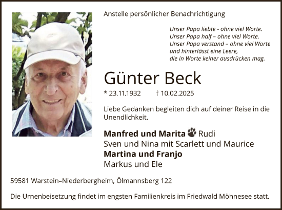 Todesanzeige von Günter Beck von WA