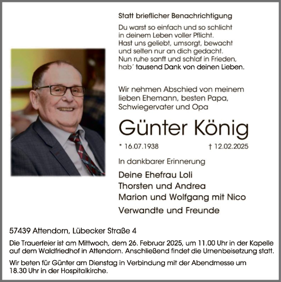 Todesanzeige von Günter König von WA