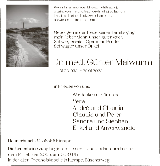 Todesanzeige von Günter Maiwurm von WA