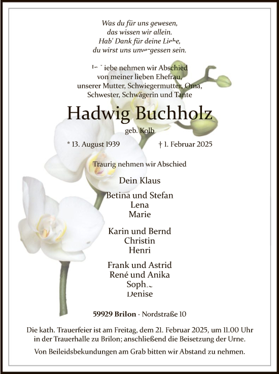 Todesanzeige von Hadwig Buchholz von WA