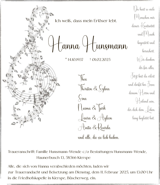 Todesanzeige von Hanna Hunsmann von WA