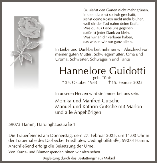 Todesanzeige von Hannelore Guidotti von WA