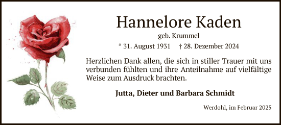 Todesanzeige von Hannelore Kaden von WA