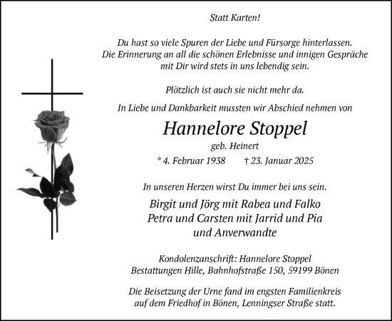 Todesanzeige von Hannelore Stoppel von WA