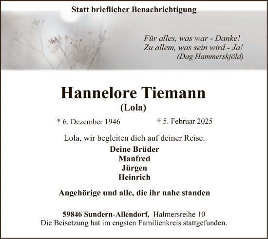 Todesanzeige von Hannelore Tiemann von WA
