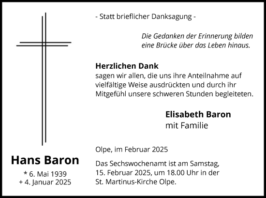 Todesanzeige von Hans Baron von WA