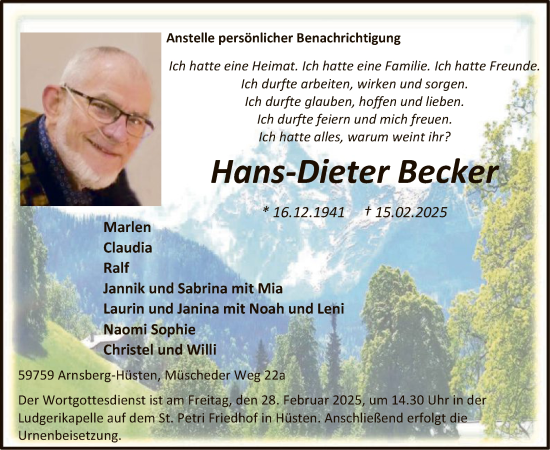 Todesanzeige von Hans-Dieter Becker von WA