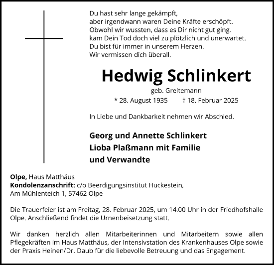 Todesanzeige von Hedwig Schlinkert von WA