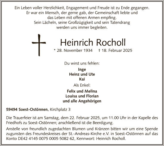 Todesanzeige von Heinrich Rocholl von WA