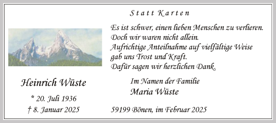 Todesanzeige von Heinrich Wüste von WA