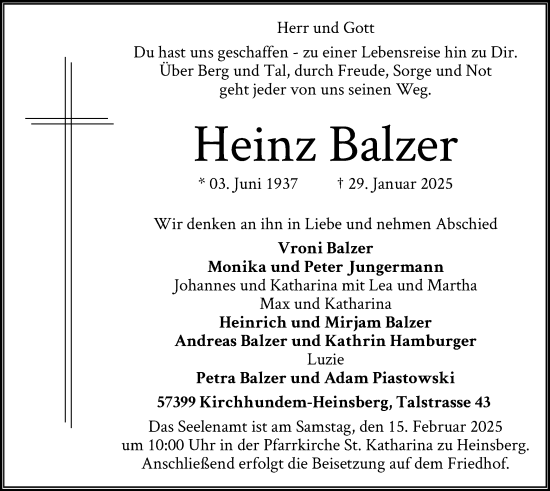 Todesanzeige von Heinz Balzer von WA