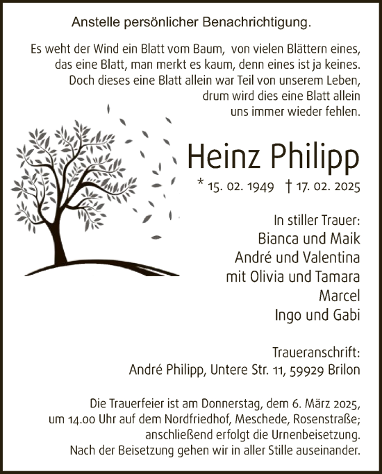 Todesanzeige von Heinz Philipp von WA