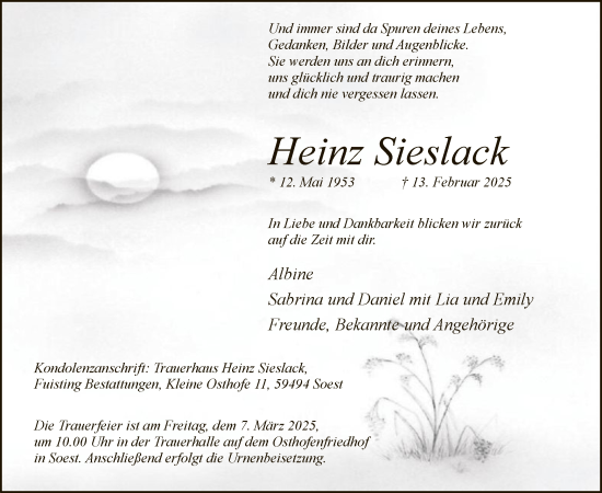 Todesanzeige von Heinz Sieslack von WA