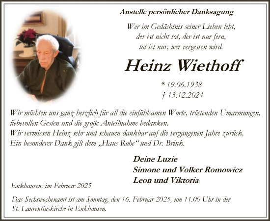 Todesanzeige von Heinz Wiethoff von WA