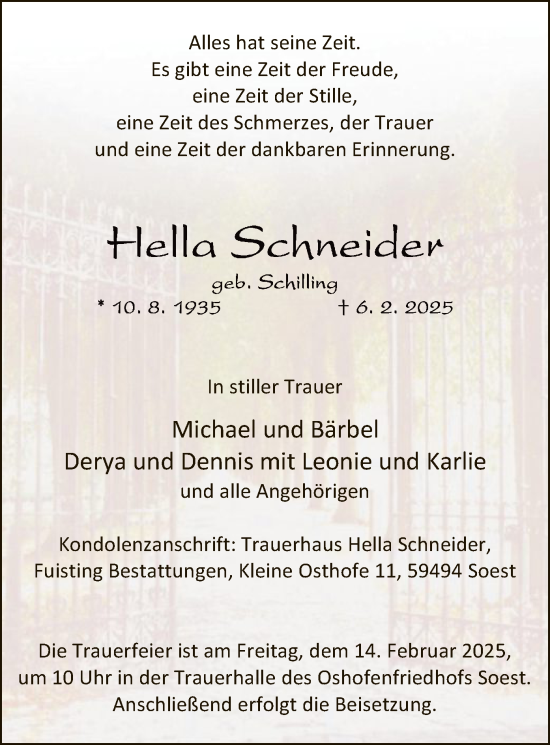 Todesanzeige von Hella Schneider von WA
