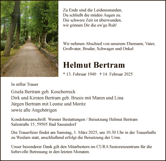 Todesanzeige von Helmut Bertram von WA