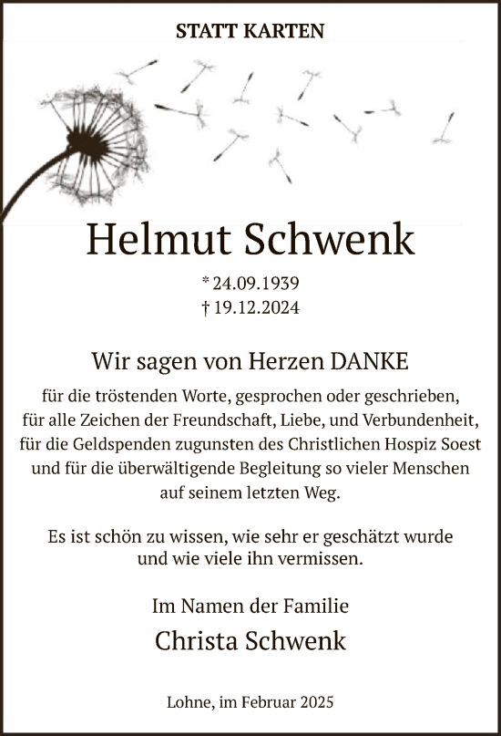 Todesanzeige von Helmut Schwenk von WA
