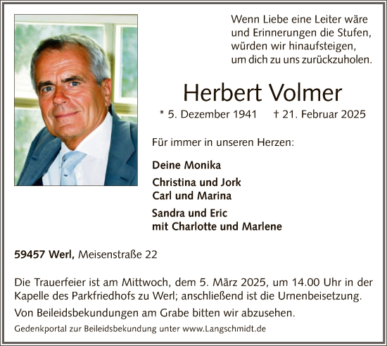 Todesanzeige von Herbert Volmer von WA