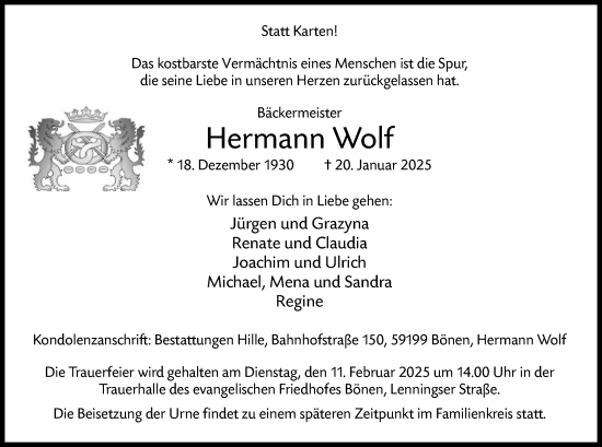 Todesanzeige von Hermann Wolf von WA