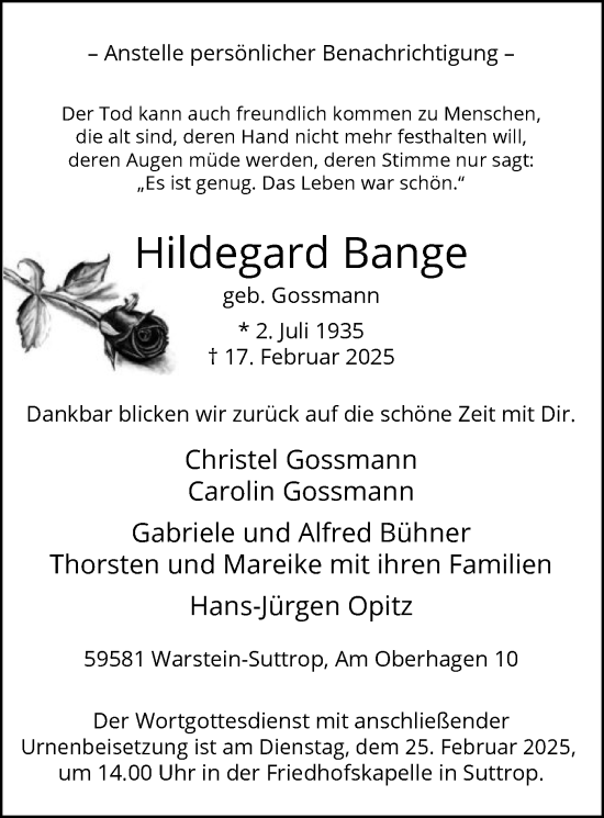 Todesanzeige von Hildegard Bange von WA
