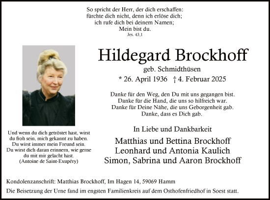 Todesanzeige von Hildegard Brockhoff von WAWA