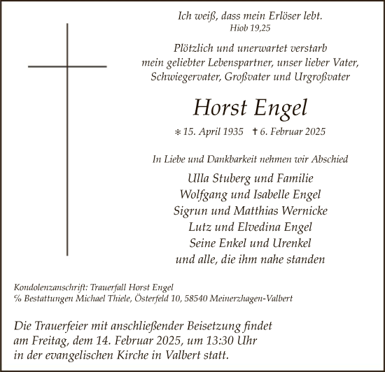 Todesanzeige von Horst Engel von WA