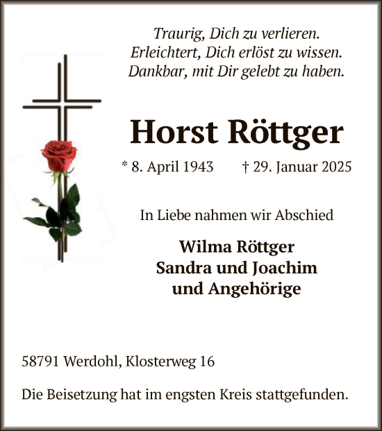 Todesanzeige von Horst Röttger von WA