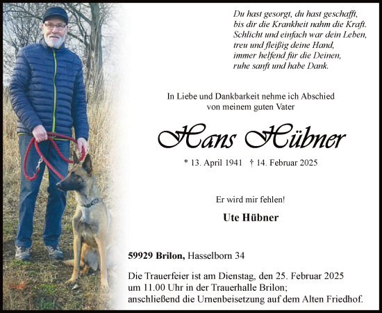 Todesanzeige von Hübner, Hans von WA