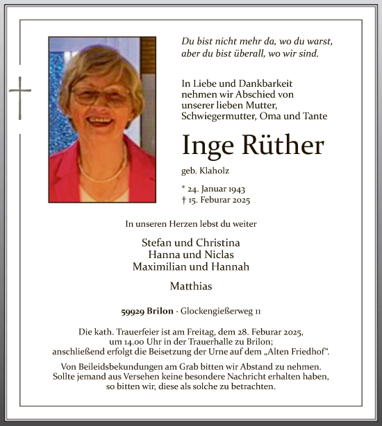 Todesanzeige von Inge Rüther von WA