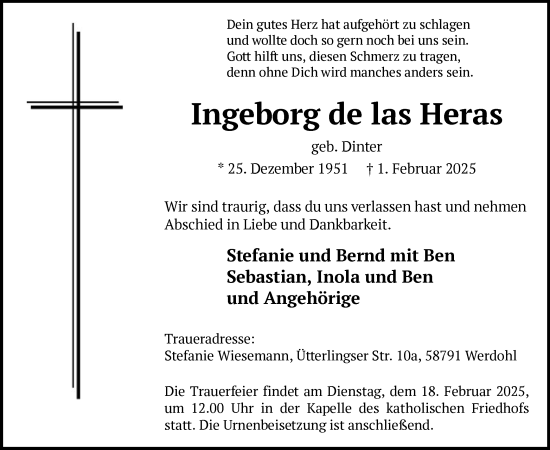 Todesanzeige von Ingeborg de las Heras von WA