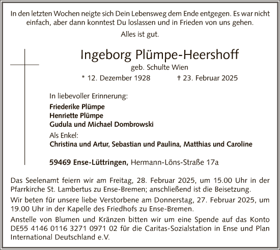 Todesanzeige von Ingeborg Plümpe-Heershoff von WA