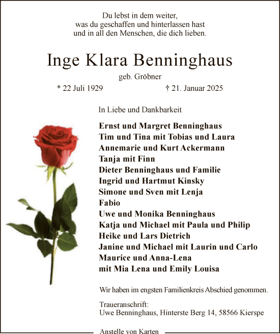 Todesanzeige von Inge Klara Benninghaus von WA