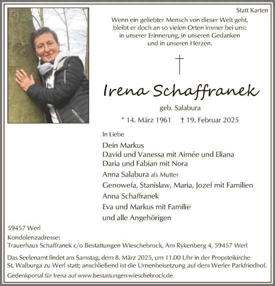 Todesanzeige von Irena Schaffranek von WA