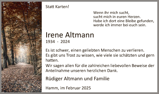 Todesanzeige von Irene Altmann von WA